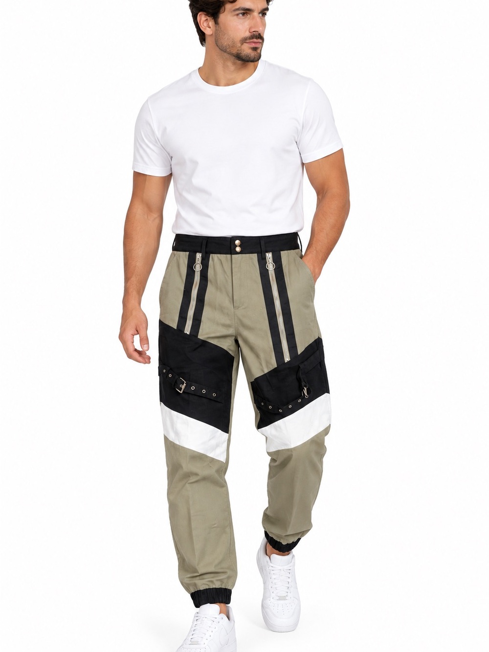 Men's Colorblock Utility Jogger Pants in Olive, Black & White
